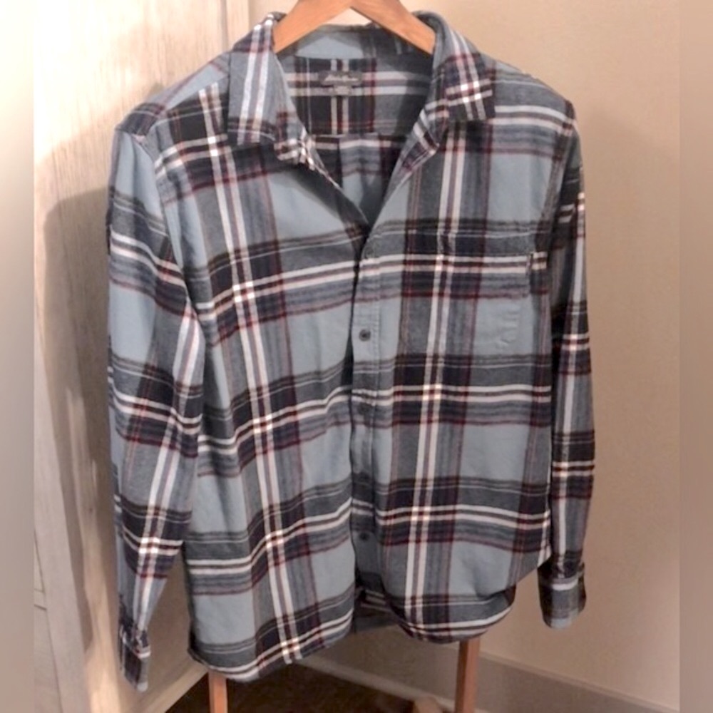 Eddie Bauer 100% Cotton Men’s Flannel Shirt Blue Red White Plaid Size X…